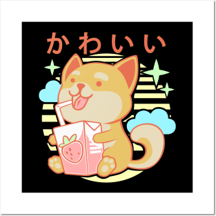 Kawaii Aesthetics Japanese Strawberry Milk Shake かわいい Dog - Orange - Strawberry Milk Posters and Art
